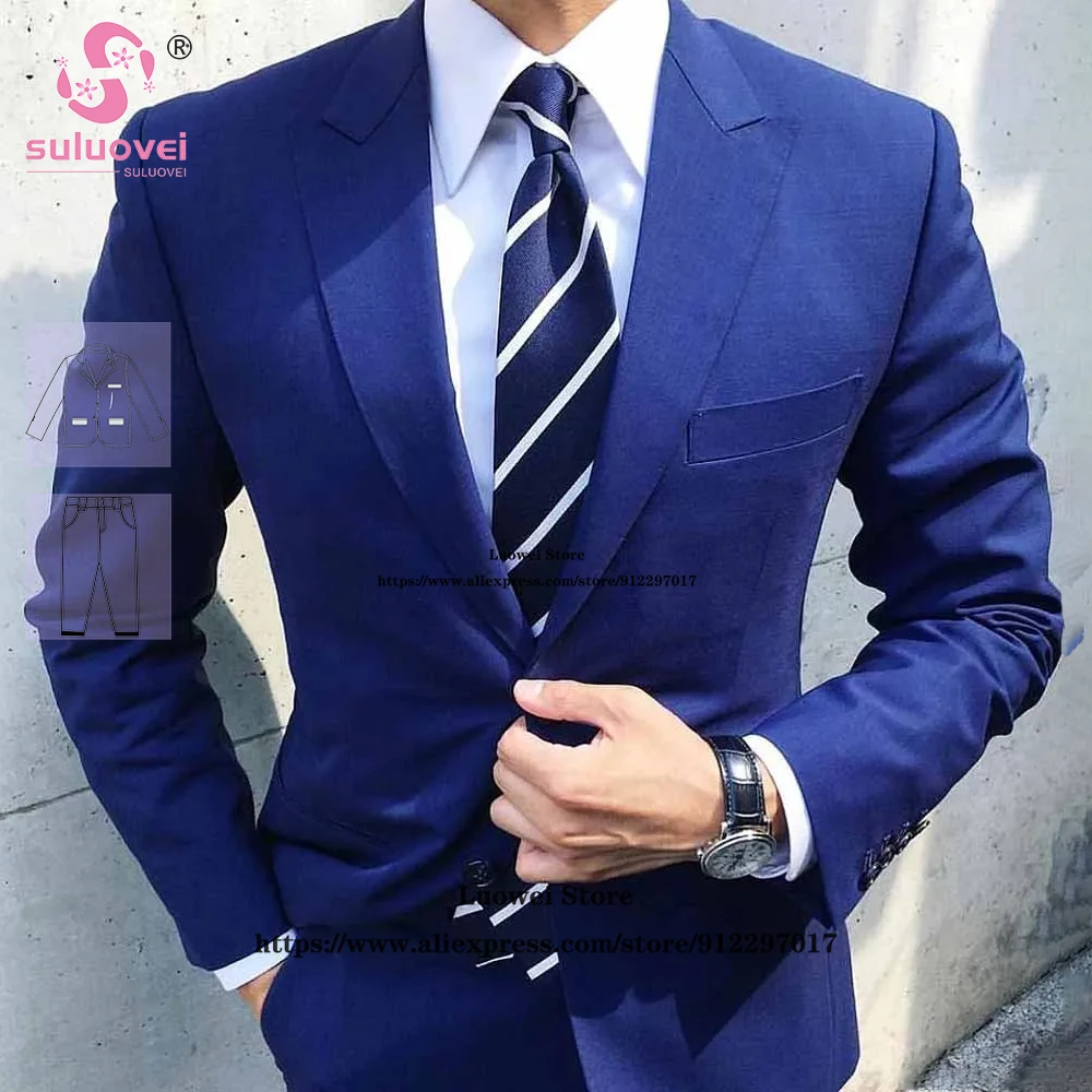 

Fashion Navy Blue Peaked Lapel Suit For Men Slim Fit 2 Piece Pants Set Formal Groom Wedding Prom Tuxedo Terno Masculino Completo