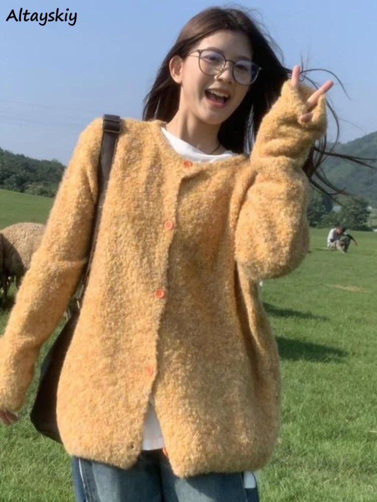 

Желтый винтажный кардиган для женщин, осенняя нежная модная Милая вязаная верхняя одежда для девушек, свободная универсальная простая женская одежда Ulzzang