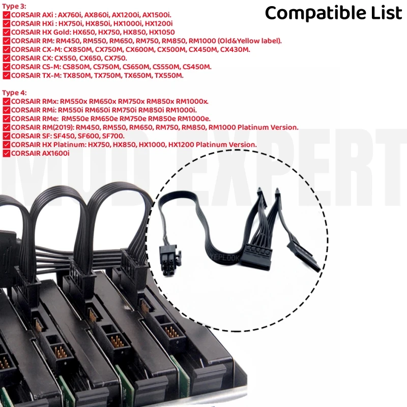 6Pin to 4x SATA Straight, HDD SSD Power Cable for Corsair CX850M, CX750M, CX650M, CX600M, CX500M, CX450M, 18AWG, 50+15+15+15 CM