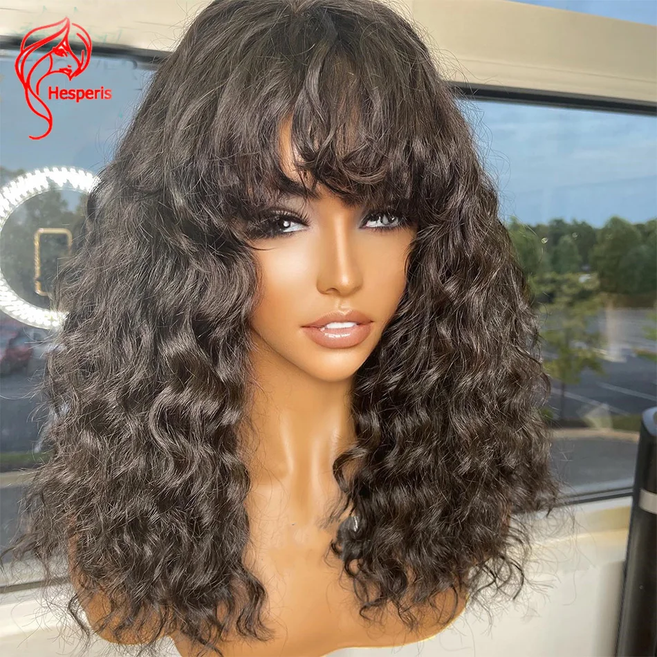 

Hesperis 200Density Water Wave Scalp Top Full Machine Made Wig With Bangs Brazilian Remy Curly Human Hair Wigs For Black Women