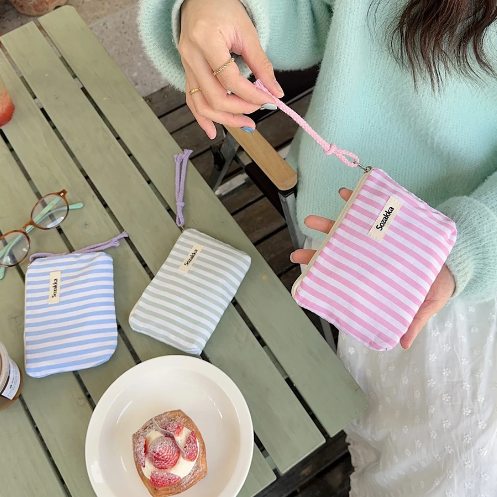 Small Cosmetic Make Up Bag Mini Canvas Striped Organizer Bags for Women Lipstick Makeup Case Children Cute Purse Coin Pouch Case