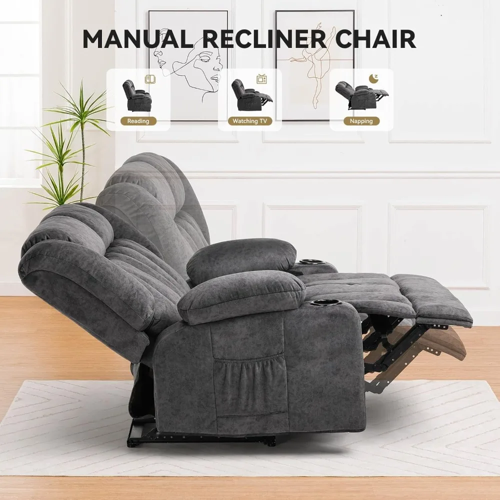 manual recliner couch，fabric reclining sofa chair with cup holders, upholstered reclinerchair set with side pockets suitable fo