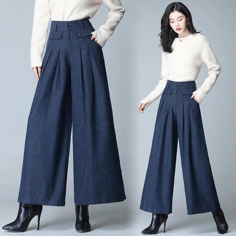 2023 Fashion Spring Autumn Woolen Wide Leg Pants Trousers Women Pleated Casual Pants Skirt Pants Straight Pants Fat Leg Pants