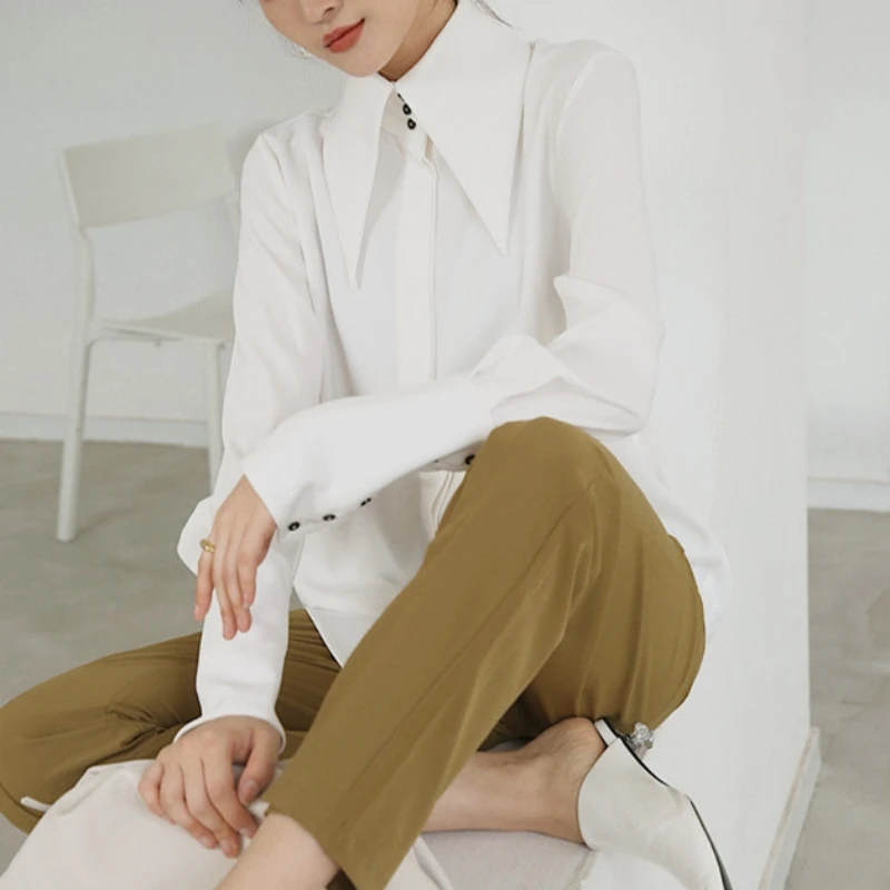 White Satin Long Sleeve Blouse for Women