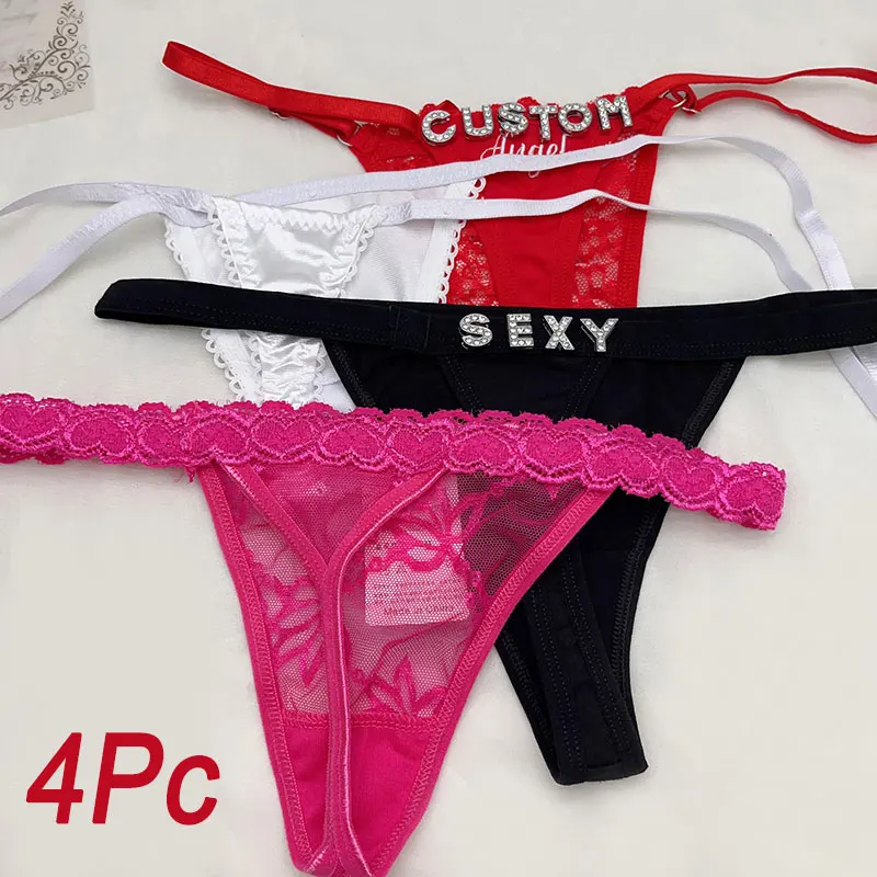 

4Pcs Sexy Custom Thong With Rhinestone Letters For Women Bikini Set Customize Name G-string Underwear Body Jewelry Birthday Gift