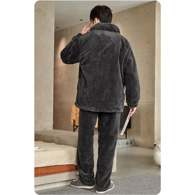 Men Pajamas Winter Coral Velvet Sleepwear Set Youth Plus Padded Warm Cotton Jacket Loungewear Outfit Young Students Home Clothes