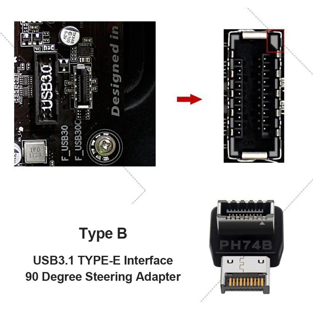 USB 헤더 어댑터 컴퓨터 마더보드, C타입 USB3.1, E타입 90 도 변환기, 컴퓨터 액세서리