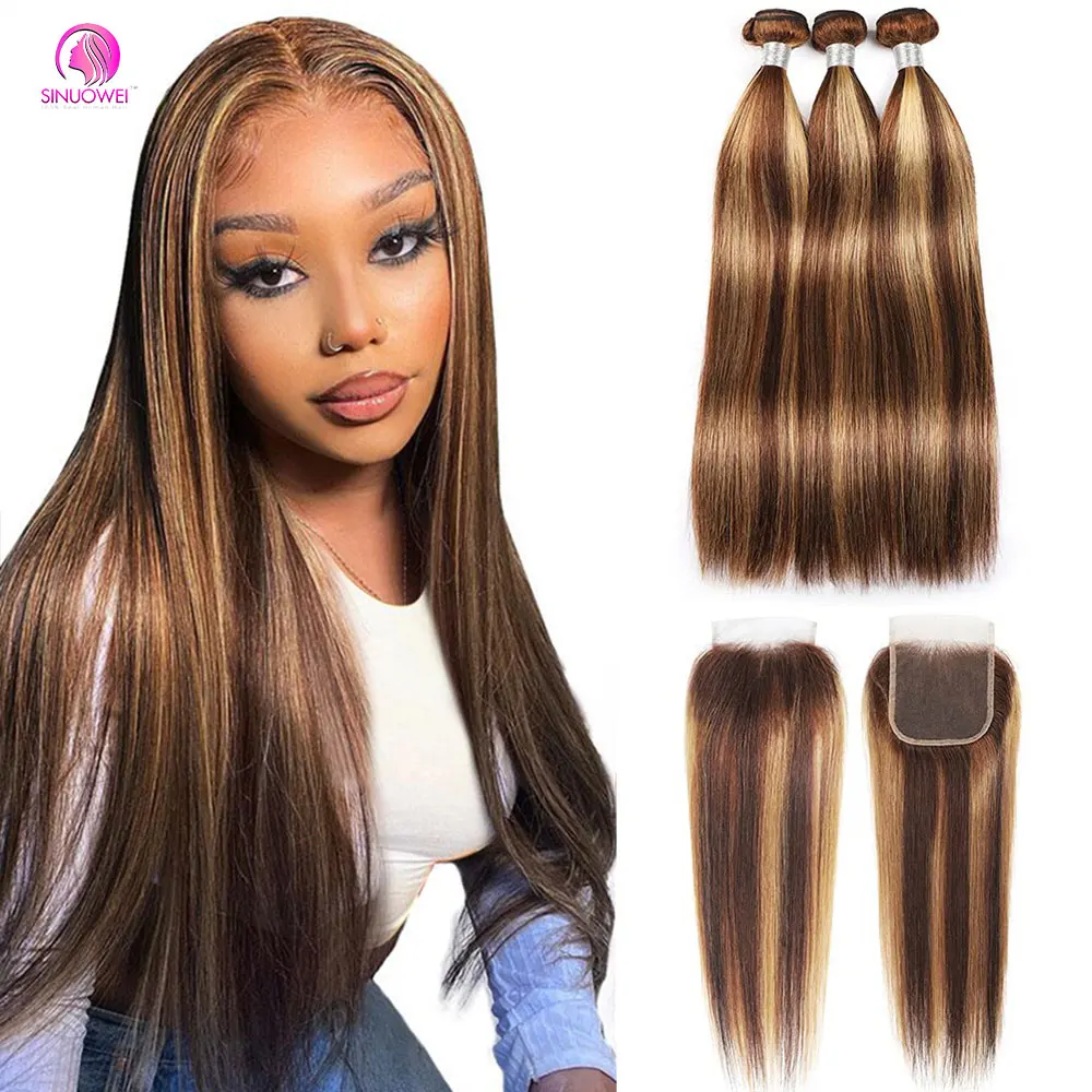 

P4/27 Highlight Straight Human Hair Honey Blonde Colored Brazilian Hair Weave Bundles 1/3/4 PCS Remy Hair Extension