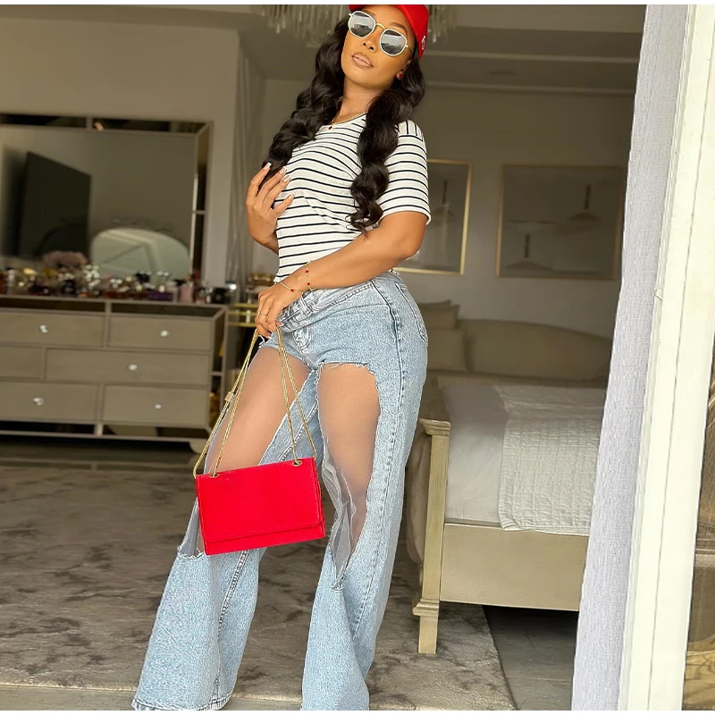 2025 Designer Women's Jeans Pant Blue Denim with Sheer Mesh Knee Panels Hip Hop Style Distressed High Waist Streetwear Trousers 6