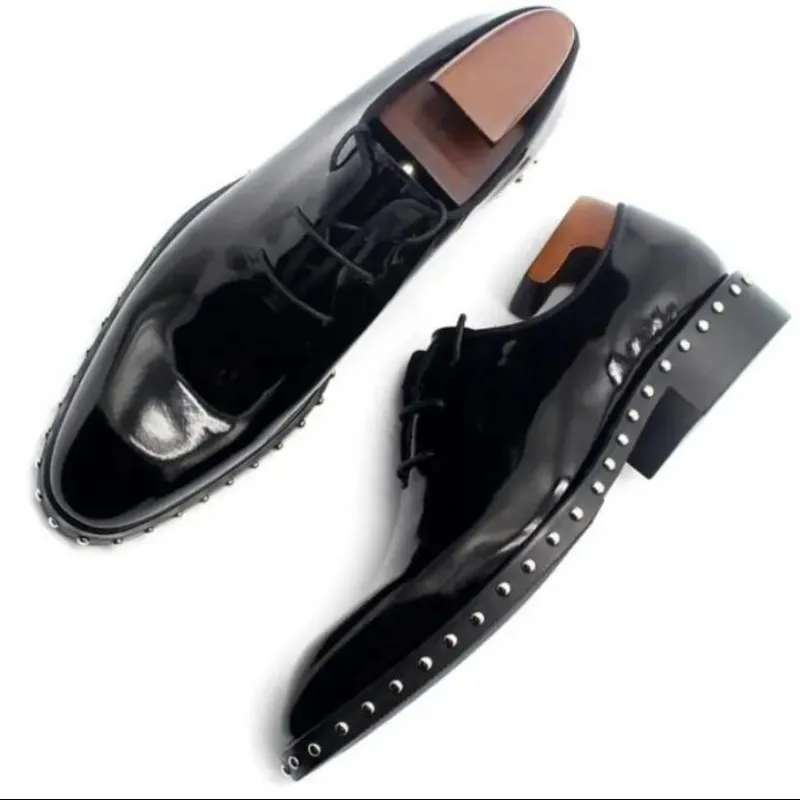 Handmade Genuine Leather Black Rivets Men Shoes Fashion Lace up Cow Male Wedding Dress Shoe