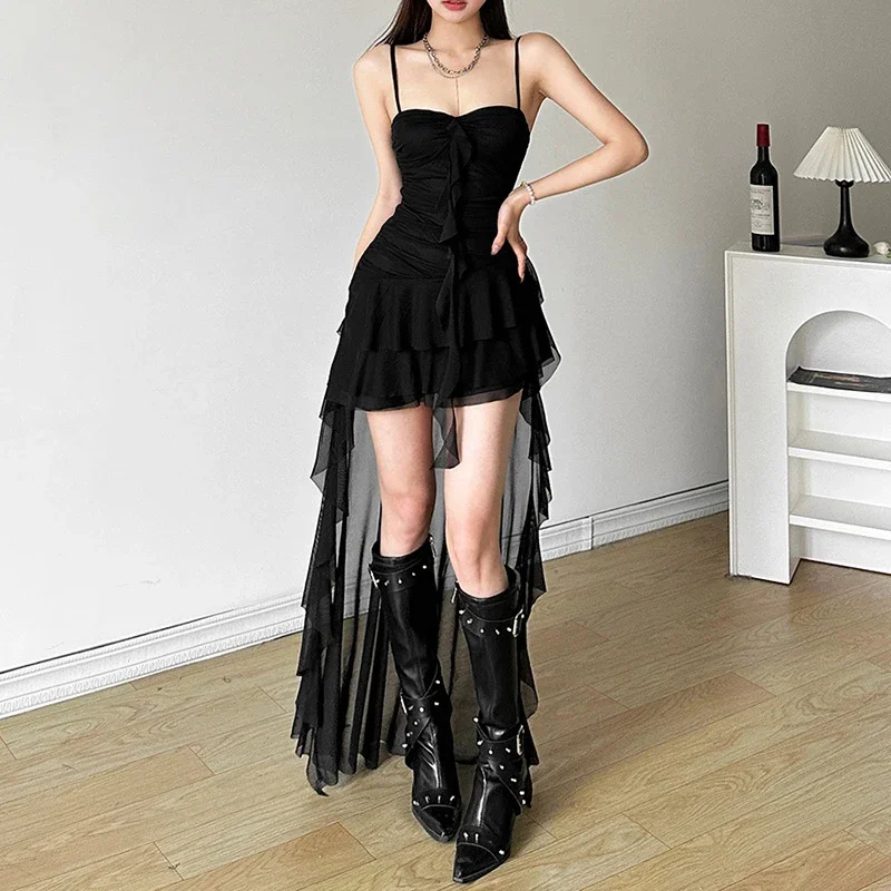 Y2K Irregular White Midi Dress Women Gothic Sexy Spaghetti Straps Ruffles Black Dresses Summer Korean Fairy Holiday Vestidos New 4