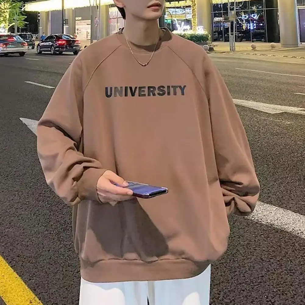 

Solid Color Sweatshirt Men's Hip Hop Streetwear Sweatshirt Thickened Letter Print Loose Fit Mid Length Pullover Pullover