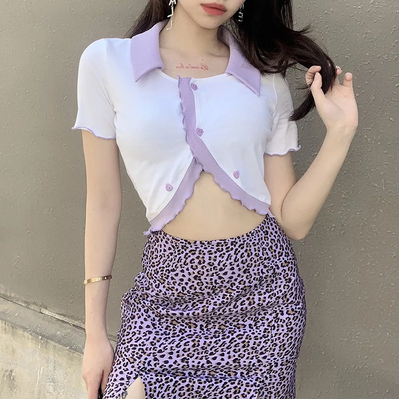 

Women's Lapel Wood Ears Hit Color Cardigan Shirt T-shirt Women Irregular Women Patchwork Casual Top Vintage Clothes Woman