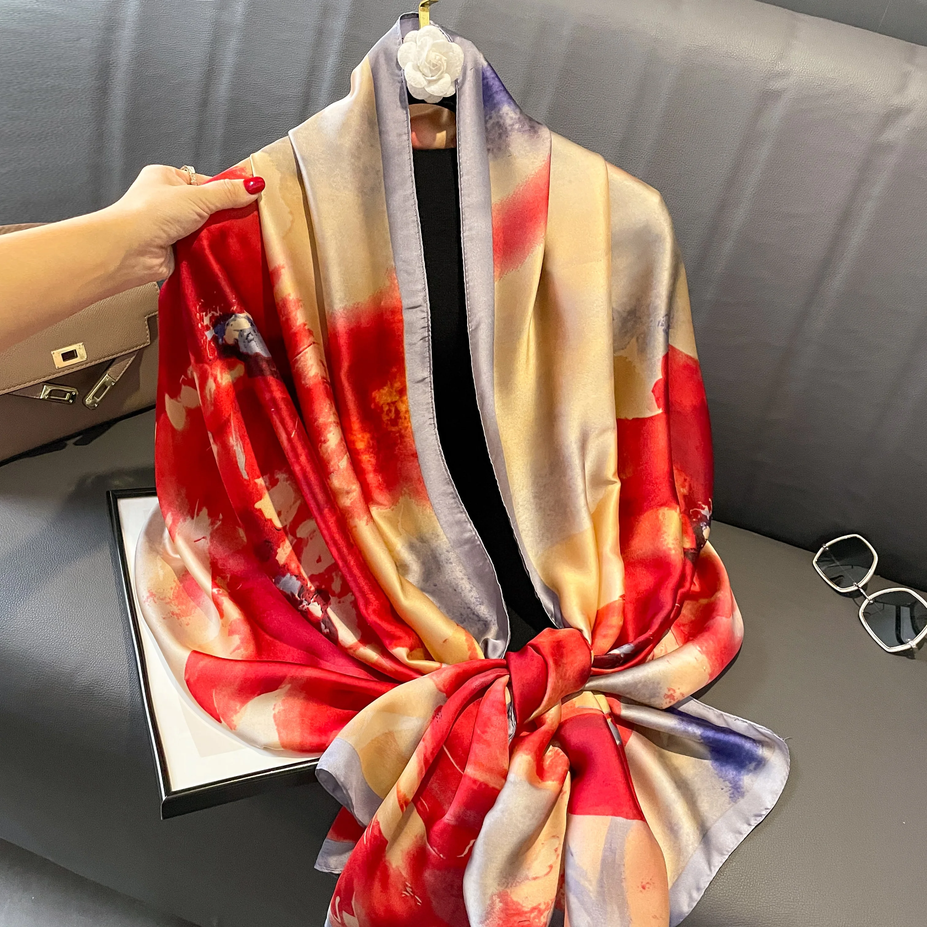 Women The Four Seasons Bandanna Popular Style 180X90CM Scarves Beach Sunscreen Luxury Silk Scarf 2023 New Design Square Shawls 6