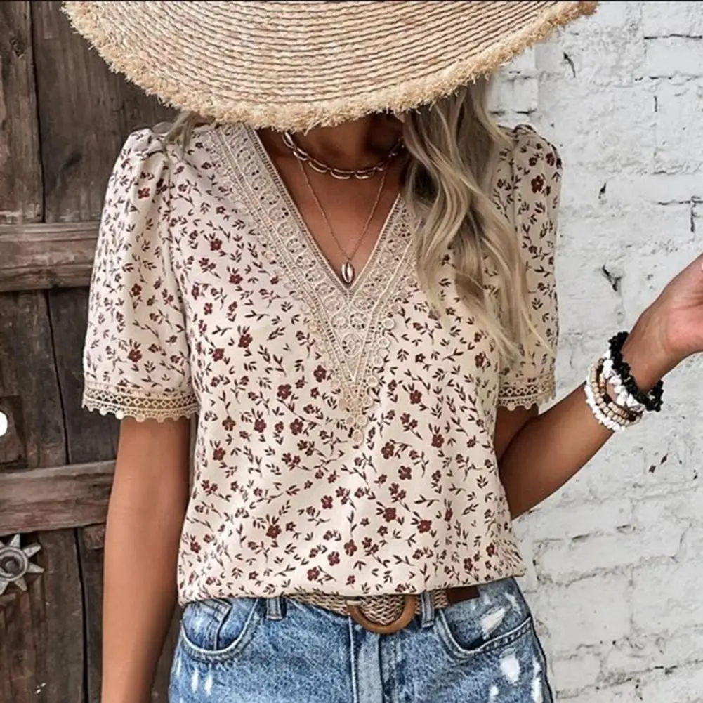 

Women Summer Shirt Top Rustic Style Floral Print Lace Stitching V-neck Short Sleeve Casual Pullover Blouses Tops Streetwear