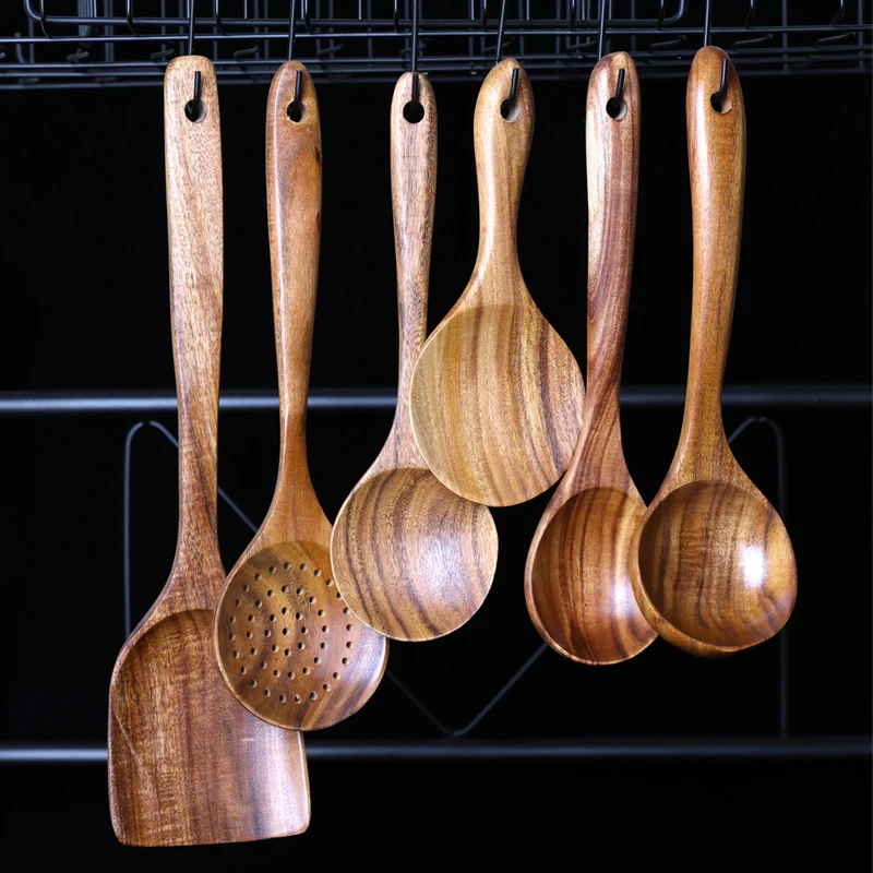 Wooden Kitchen Spoon Teak Wood Cooking Spoon Ladle Soup Rice Scoop Strainer Mixing Serving Wooden Utensils for Kitchen