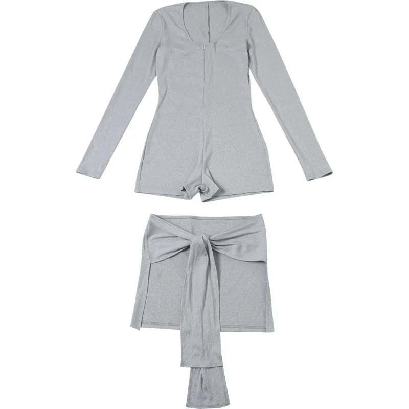 Sexy Bandage 2 Piece-Set Skirt Women Zipper Skinny Yoga Jumpsuit And Lace-Up Skirt Sets Clothes Women's Jumpsuit Outfits
