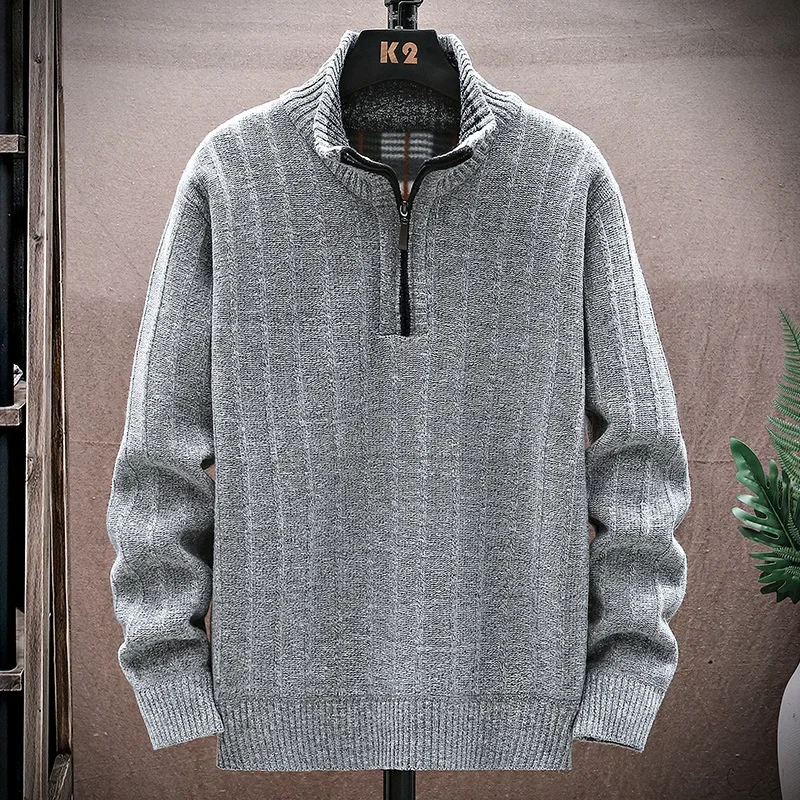 2023 New Autumn Winter Men\'s Fleece Thicker Sweater Half Zipper Turtleneck Warm Pullover Quality Male Slim Knitted Wool Sweaters