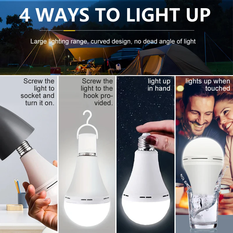 E27 Rechargeable LED Lamp Bulbs 7W 9W 12W 15W High Brightness Emergency Light Bulb Outdoor Camping Fishing Portable Lamps Lights