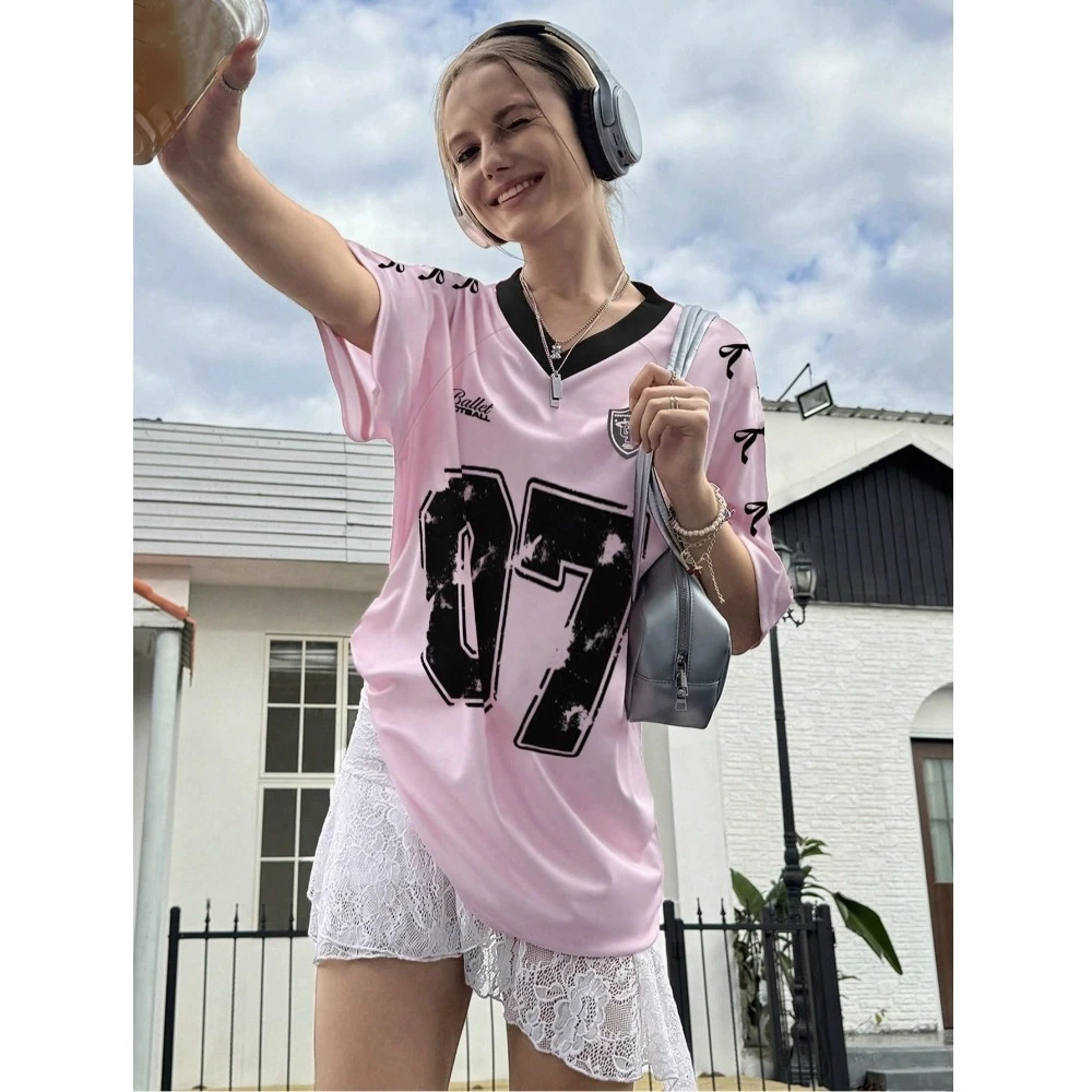 Description Picture 3 of itemV-neck Sports Tennis T-shirts Teenagers Adolescent Number Print Female Crop Tops Loose Casual Bow Letter Shirt Daily