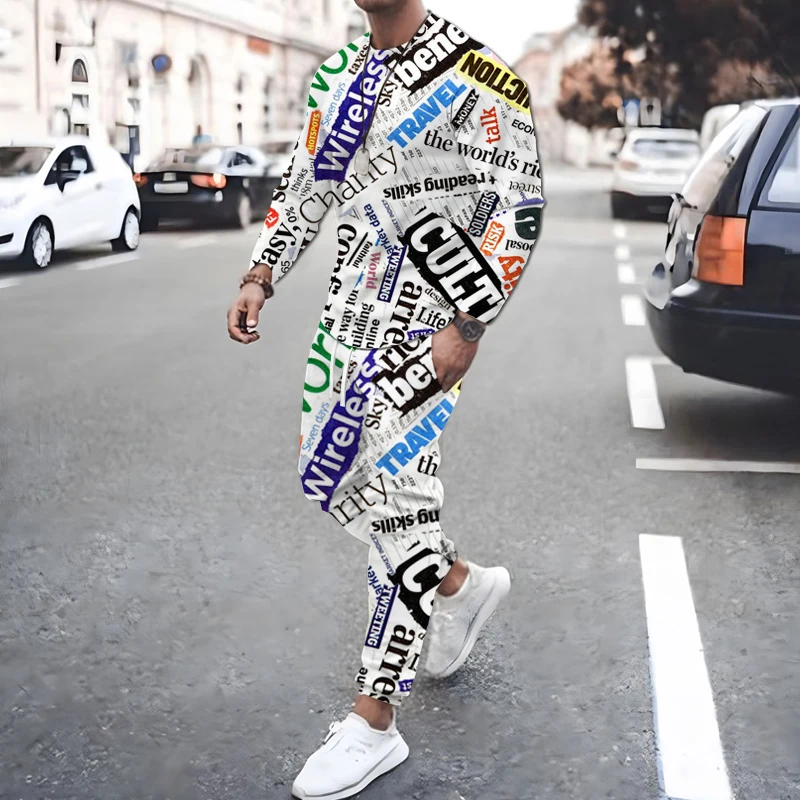 

New Autumn Men's Long Sleeve T Shirt Set Letter Printing Tracksuit Fashion Casual Retro Streetwear Oversized Sportswear Suit