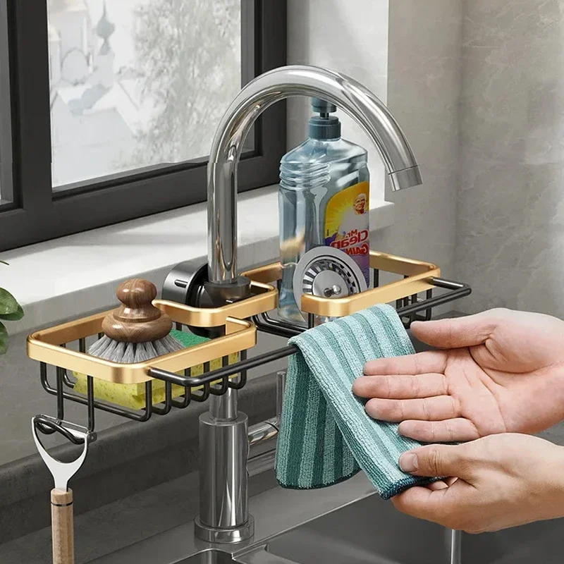 Kitchen Space Aluminum Sink Drain Rack Sponge Storage Faucet Holder Soap Drainer Shelf Basket Organizer Bathroom Accessories