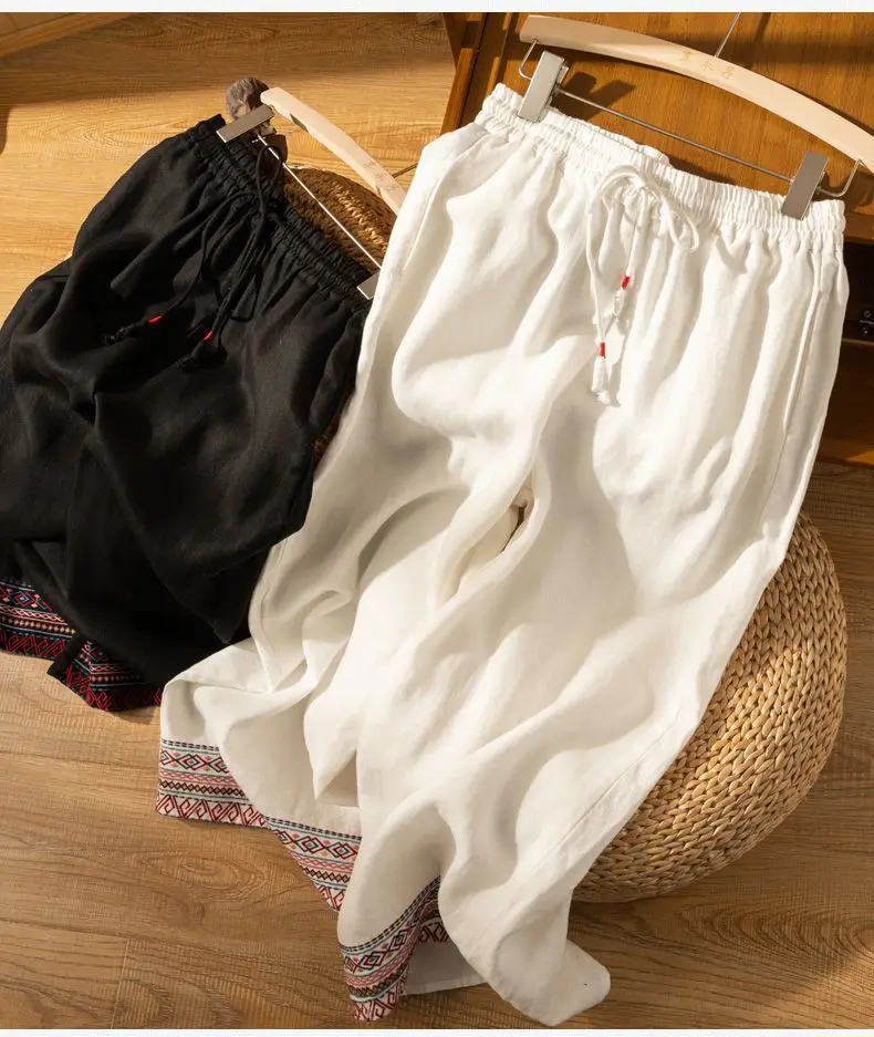 Blaue Stickerei, feste, lässige, elastische, hohe Taille, Baumwolle und Leinen, Damenhose, weites Bein, durchgehende Hose für Damen, Kleidung, Mode – Detail 2
