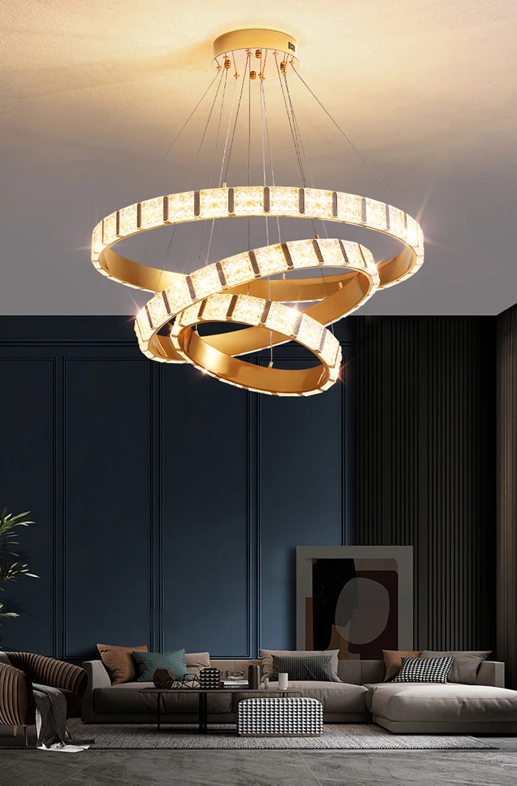 

Modern Luxury LED Stainless Steel Chandelier Living Room Dining Table Kitchen Bedroom Gold Ring Hanging Pendant Light