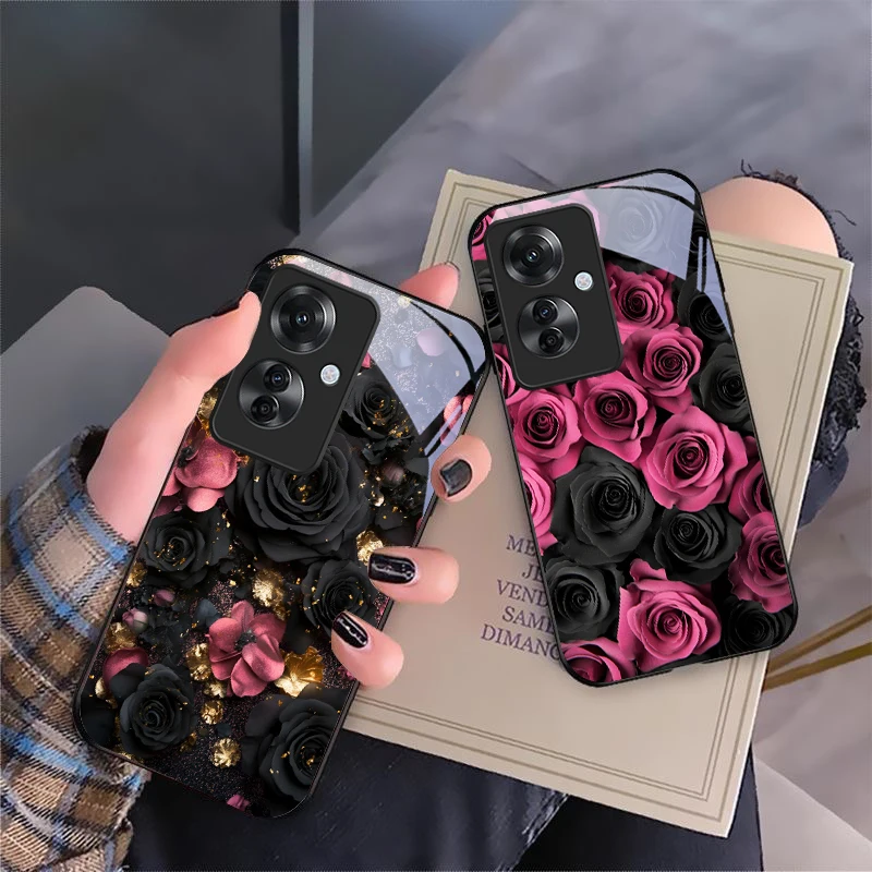 Chic Black Pink Rose Glass Phone Case