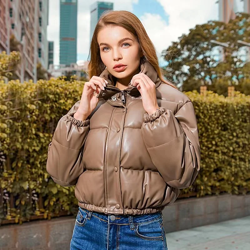

2023 Winter Thick Warm PU Leather Coats Women Short Parkas Female Fashion Elegant Zipper Black Cotton Padded Down Jacket Lady