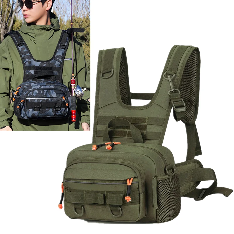 Men Tactical Fishing Backpack with Rod Holders Lure Chest Bag Gear Storage Bag Molle Outdoor Hiking Fanny Pack Hunting Rig Pouch