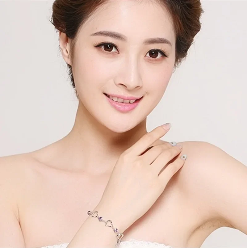 고귀한 럭키 하트 퍼플 크리스탈 지르콘 팔찌 여성용 파티 웨딩 패션 쥬얼리 생일 선물