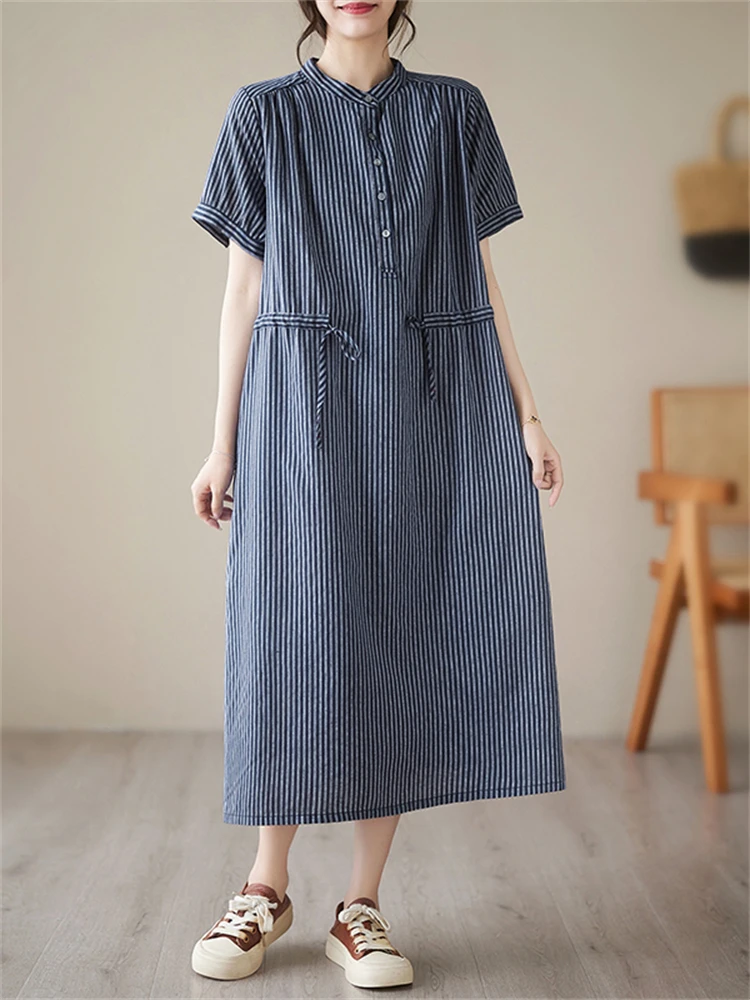Cotton Vintage Striped Dresses Women 2025 New Summer Casual Loose Short Sleeve Dress Femme Robe Vestidos Elegant Fashion Clothes