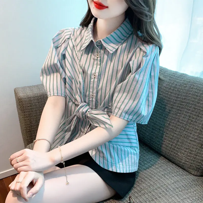 EBAIHUI Summer New Women's Short Sleeved Shirt Puff Sleeve Bow Design Ladies Blouse French Korean Striped Short Blusas