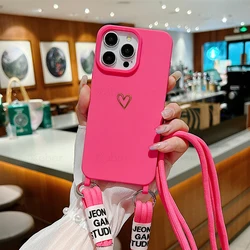 Crossbody Necklace Lanyard Cord Soft Silicone Phone Case with Love Heart Shoulder Strap Cover - iPhone 15 Plus (Rose Red)