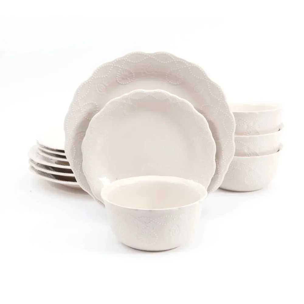 

The Pioneer Woman Cowgirl Lace 12-Piece Dinnerware Set, Dishes and Plates Sets, Linen/Light Blue