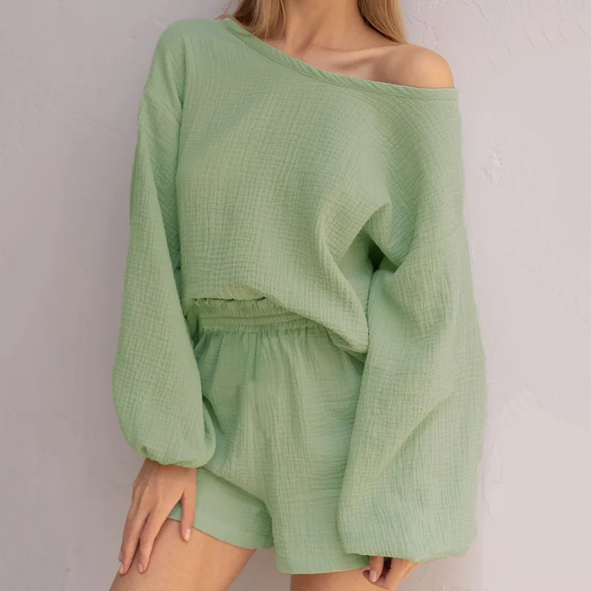 

Aransue Spring And Summer New European And American Long Sleeve Suit Shorts Sets Double-Layer Gauze Cotton Clothing Female