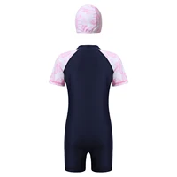 Kids Girls One-piece Swimsuit Rash Guard Short Sleeve Jumpsuit Athletic Swimwear with Hat Surfing Bathing Training Beachwear 3
