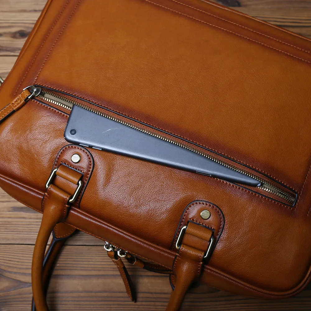 NZPJ Men's Vintage Genuine Leather Briefcase Top Layer Cowhide Handbag Business Crossbody Computer Bag  Casual Crossbody Bag