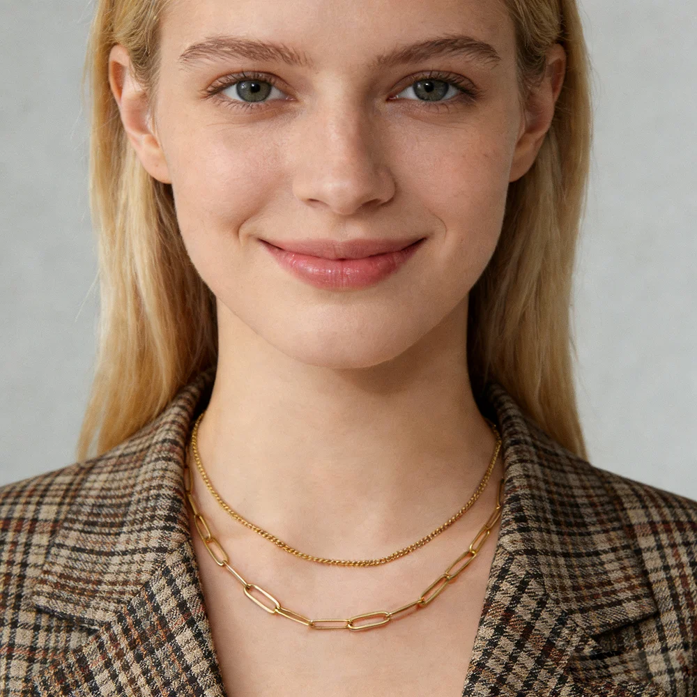 Doppellagige Halskette für Frauen, goldene Farbe, modische Persönlichkeit, Damen-Edelstahl-Schmuck, Geburtstagsgeschenk