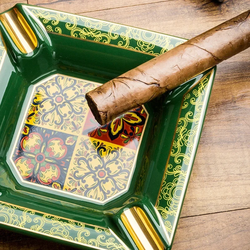 

LUBINSKI Ceramic Cigar Ashtray with Painted Design, Large Capacity, Non-slip Base, 4 Slots, Smoke Ashtray with Gift Box