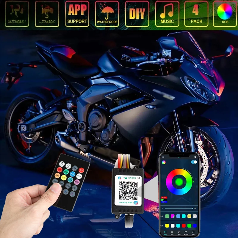 APP LED 오토바이 자동차 분위기 풋 라이트 리모컨, 유연한 방수 사운드 컨트롤, 12V RGB 모토 장식 램프 스트립 