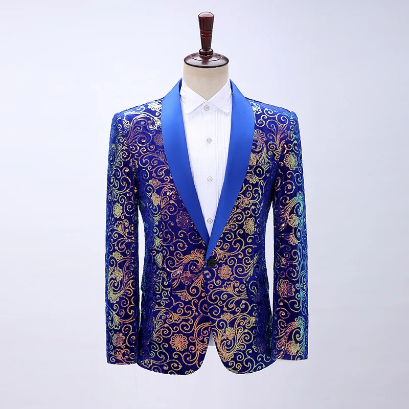 

Men's Flat Velvet Cloud Pattern Sequin Color Matching Suit Host Singer Dress Sapphire Blue Collar Stage Performance Suit