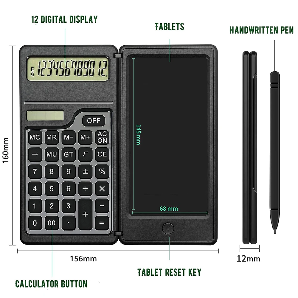 2 IN 1 Foldable Solar Energy Calculator 12 Digits LCD Display with 6 Inch Writing Tablet Pen for Office Business School