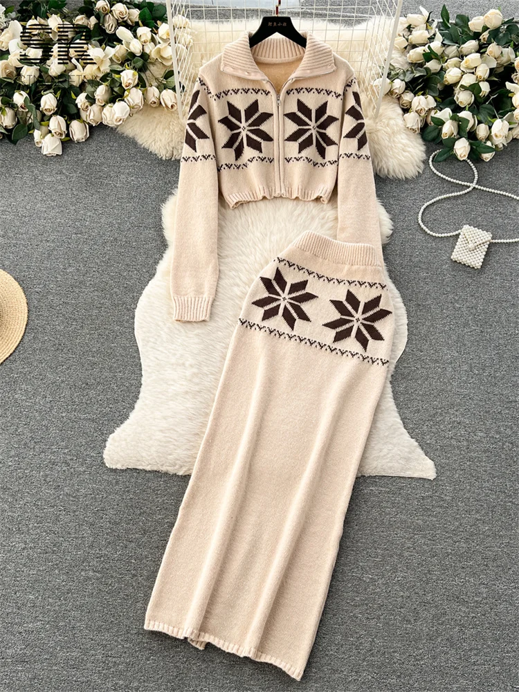 SINGREINYSoftCasualMatchingKnitSetWinterWomenLapelZipperLong