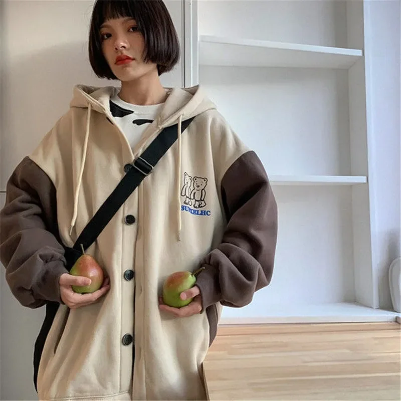 Autumn Vintage Long Sleeve Women Streetwear Oversized Hooded Sweatshirts kawaii bear Jacket Trendy Pocket Hoodie Sweetshirt y2k