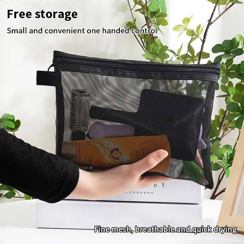 Black/Gray/White Mesh Cosmetic Bag Travel Storage Makeup Bag Organizer Female Make Up Zipper Pouch Portable Toiletry Case