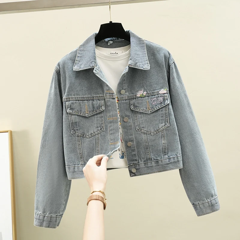 

Vintage Blue Flower Embroidery Denim Jacket Women Loose Short Casual Cowboy Outerwear Korean Big Pocket Jeans Jacket Coat Female