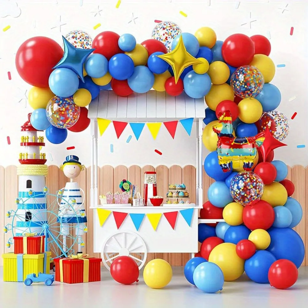 빨간색 파란색 노란색 라텍스 풍선 화환 세트, 서커스 테마 생일 파티, 홈커밍 ..