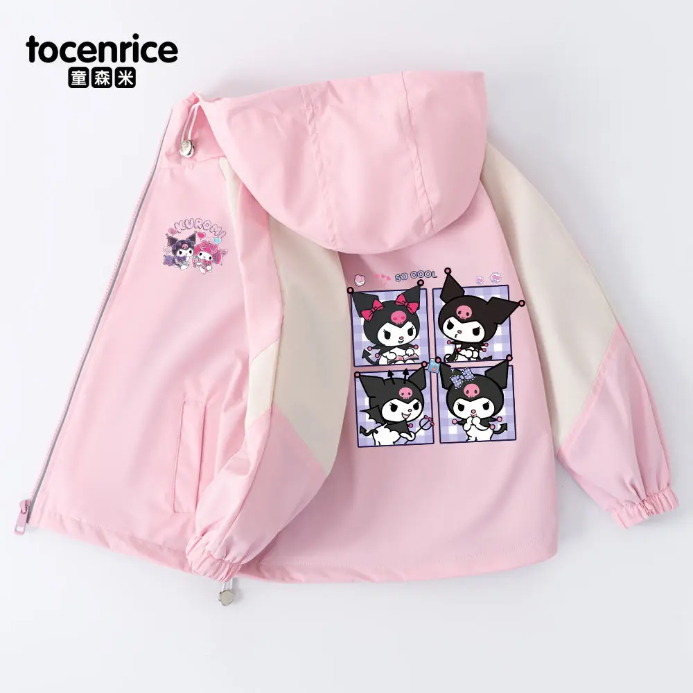 

Пальто для девочек Sanrio Kuromi, новинка 2023, модная Детская осенняя куртка с капюшоном и аниме принтом, топ, весенне-осеннее заряжаемое пальто, подарок